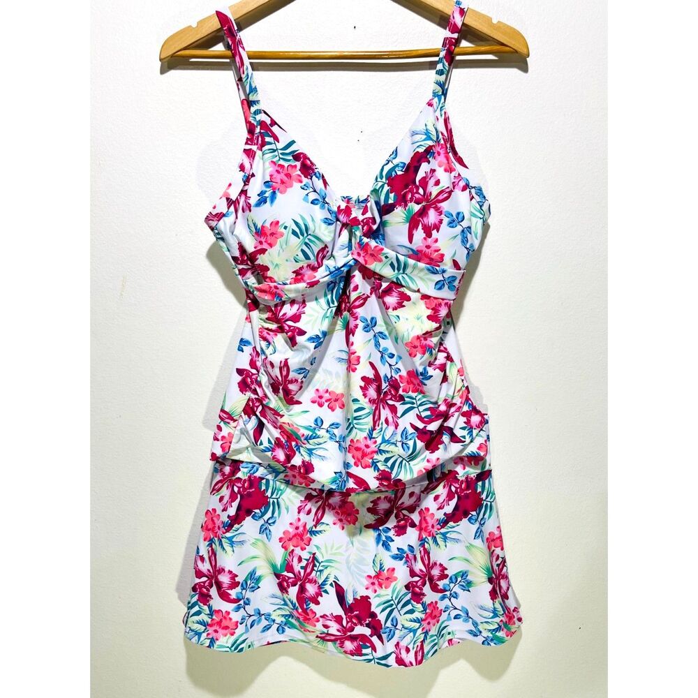 Swimming suit tankini & boton skirt Tropical pink floral beach vacation women XL